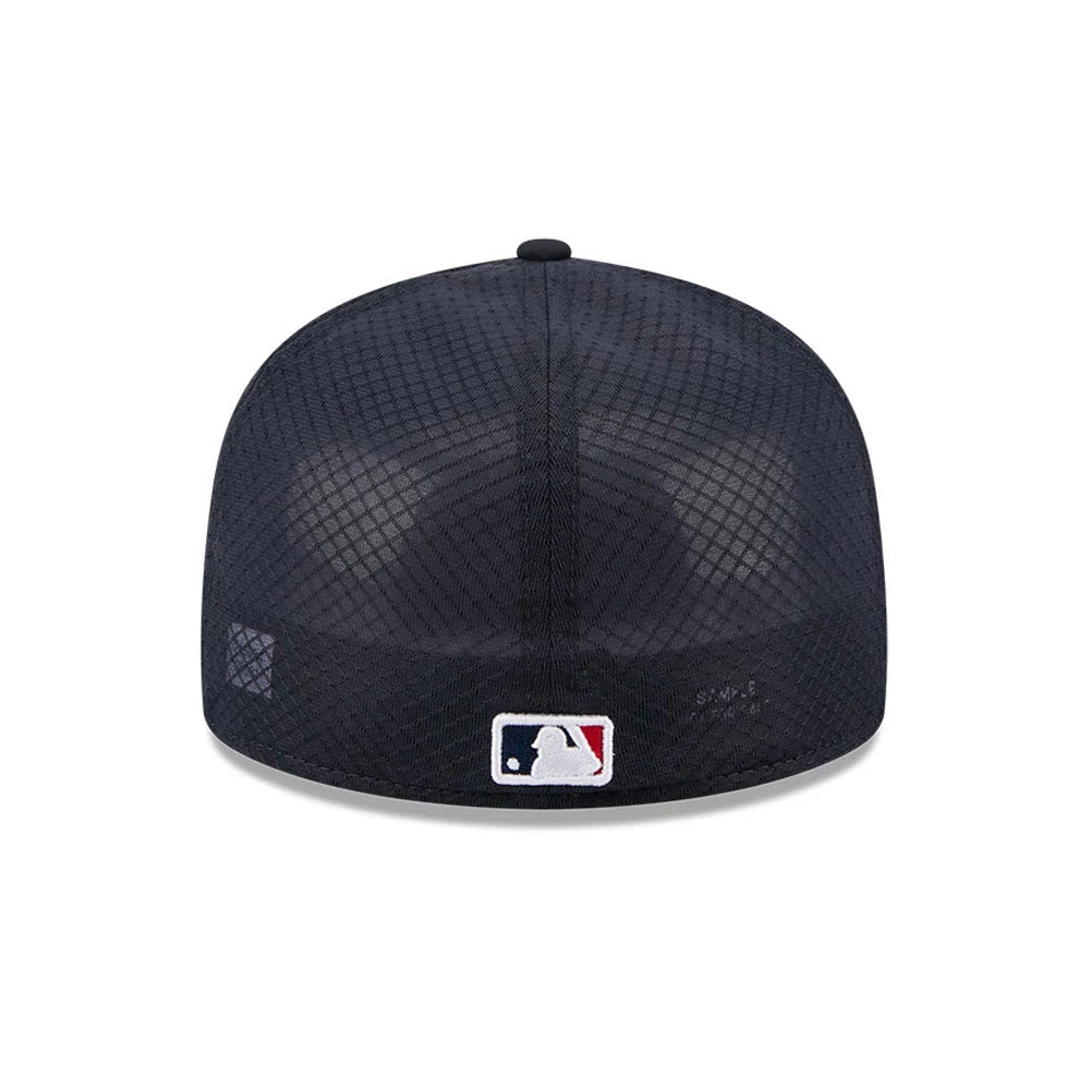 Atlanta Braves MLB Batting Practice 2026 Navy New Era 59FIFTY Fitted Cap, rear view showing the embroidered MLB Batterman logo in red, white, and blue at the centre back panel, with a navy mesh crown and small New Era flag logo on the left side.