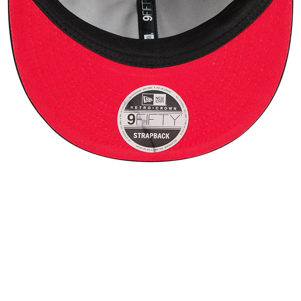 Chicago Bulls NBA Chenille Woven Black Retro Crown New Era 9FIFTY Adjustable Cap, inside view showing grey undervisor, a black internal sweatband, and a 9FIFTY size sticker placed centrally on the red visor.