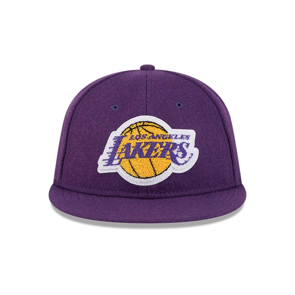 LA Lakers NBA Chenille Woven Purple Retro Crown New Era 9FIFTY Adjustable Cap, front view showing a large embroidered Lakers logo in yellow and purple with a basketball design on the structured purple crown and matching purple visor.