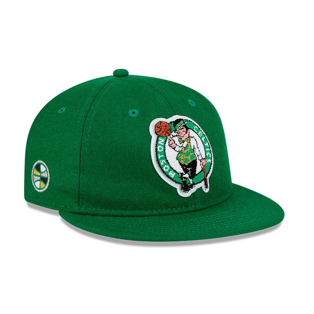 Boston Celtics NBA Chenille Woven Green Retro Crown New Era 9FIFTY Adjustable Cap, three-quarter view showing the front panel with large chenille team logo, green flat visor, and embroidered circular logo on the left side.