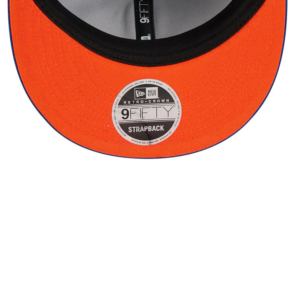 Oklahoma City Thunder NBA Chenille Woven Blue Retro Crown New Era 9FIFTY Cap, inside view showing the grey interior, black sweatband with white text, orange undervisor with a 9FIFTY size sticker, and black taping along the centre seam.