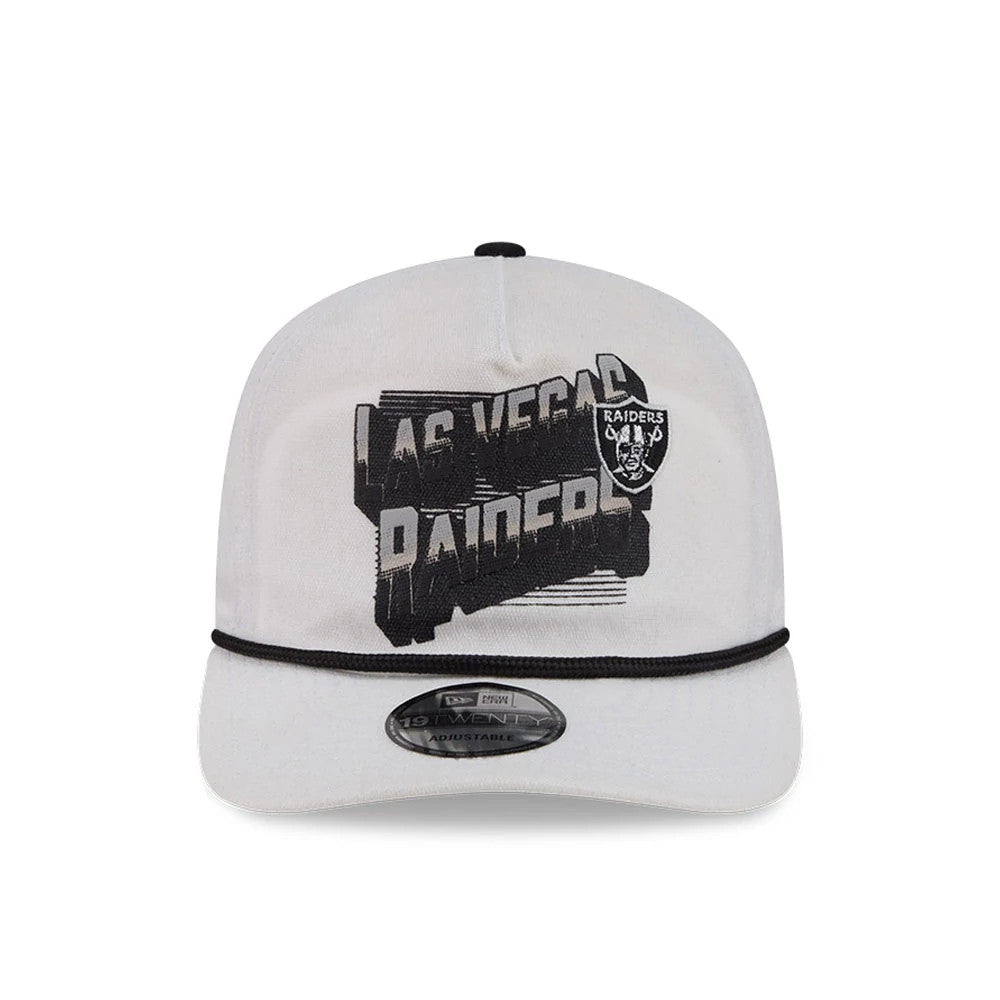 Las Vegas Raiders NFL Duck Cloth White New Era 19TWENTY Adjustable Cap, front view showing a black and white raised embroidered Las Vegas Raiders graphic logo on the structured white crown, with a black trim on the curve of the white visor.