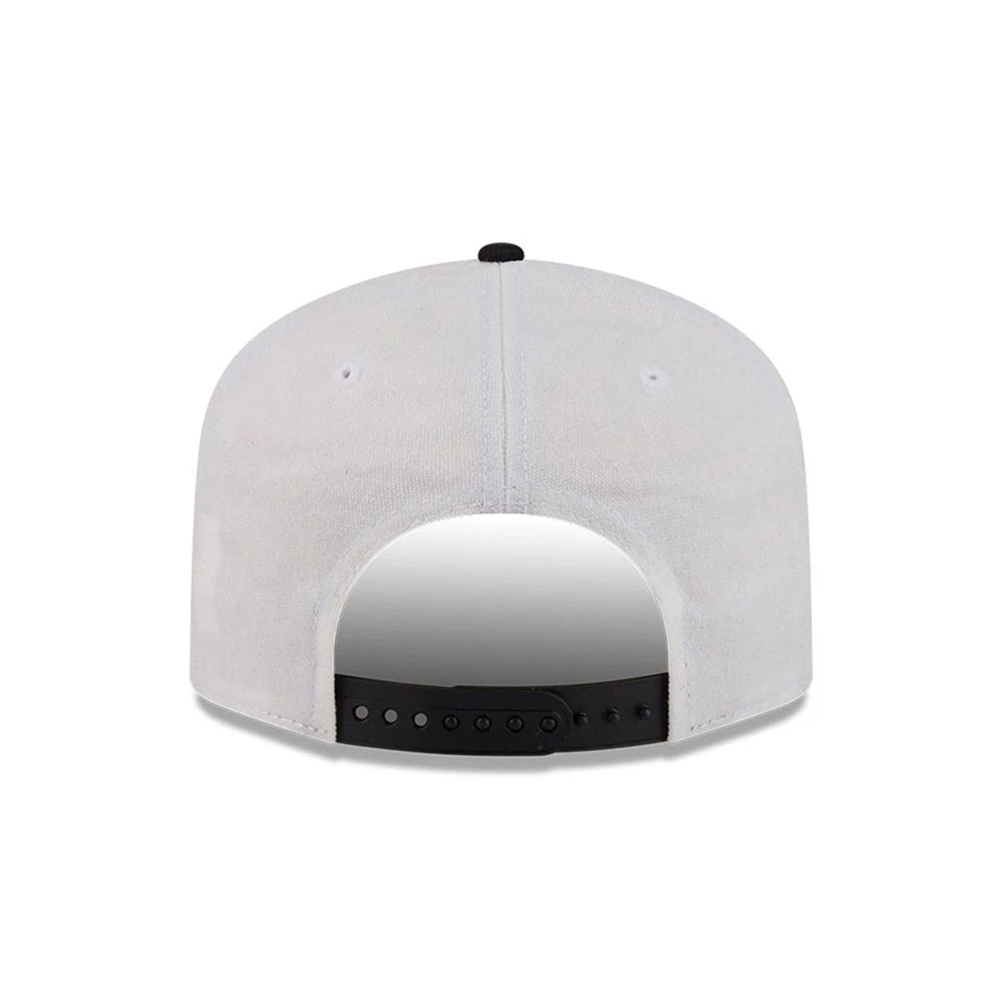 Las Vegas Raiders NFL Duck Cloth White New Era 19TWENTY Adjustable Cap, rear view showing the black adjustable snap closure, soft white duck cloth fabric on the back panels, and a black top button contrasting against the structured design.