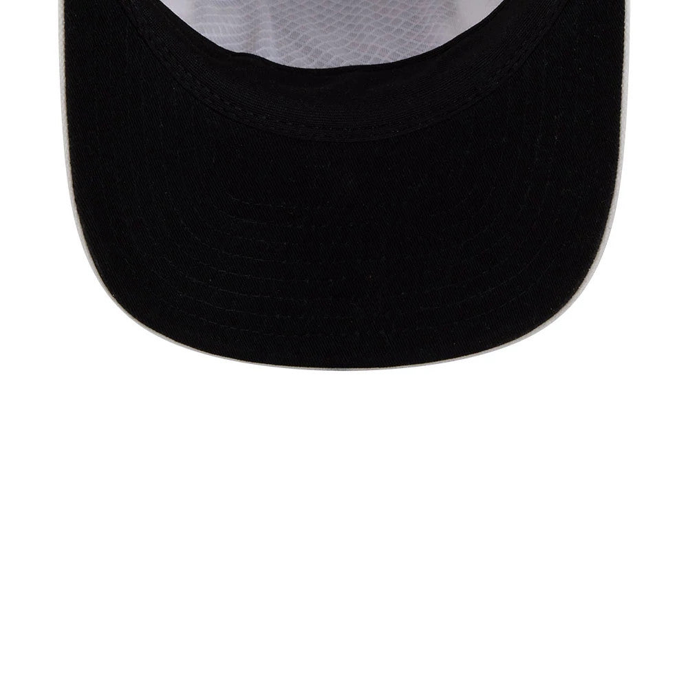 Las Vegas Raiders NFL Duck Cloth White New Era 19TWENTY Adjustable Cap, inside view showing a black curved visor, a white sweatband, and grey taping along the seams, highlighting the attention to detail within the cap’s construction.