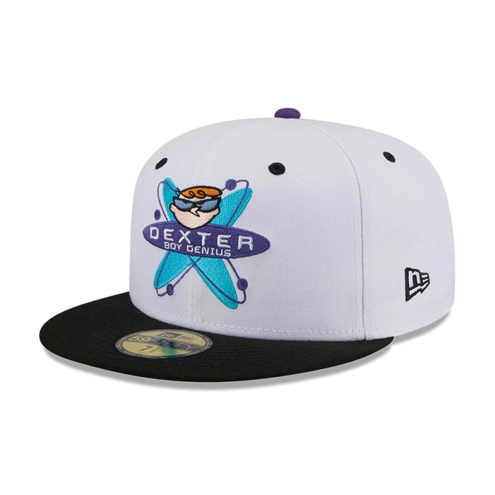 Dexter's Laboratory Genius At Work White New Era 59FIFTY Fitted Cap, three-quarter view showing a colourful embroidered Dexter's Laboratory logo on the front panels, a contrasting black flat visor with a gold 59FIFTY size sticker.