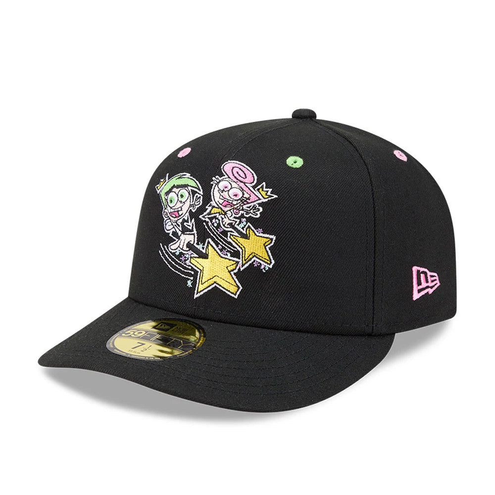 Nickelodeon Fairly Oddparents Black New Era 59FIFTY Fitted Cap, front view showing embroidery of Timmy, Cosmo, and Wanda on the front panels, pink New Era flag logo on the left side and a gold 59FIFTY size sticker on the black visor.
