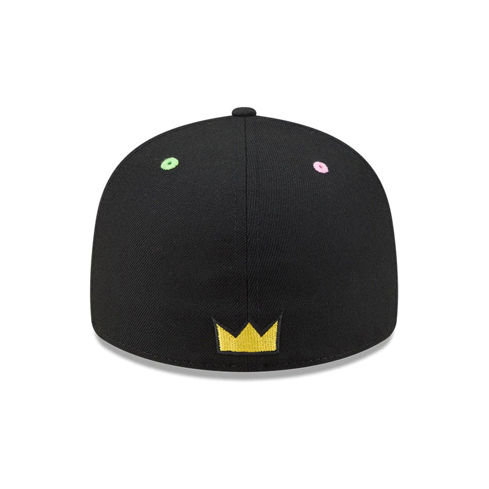 Nickelodeon Fairly Oddparents Black New Era 59FIFTY Fitted Cap, rear view showing a yellow crown logo embroidered at the centre of the back, with green and pink eyelets on the structured black crown.