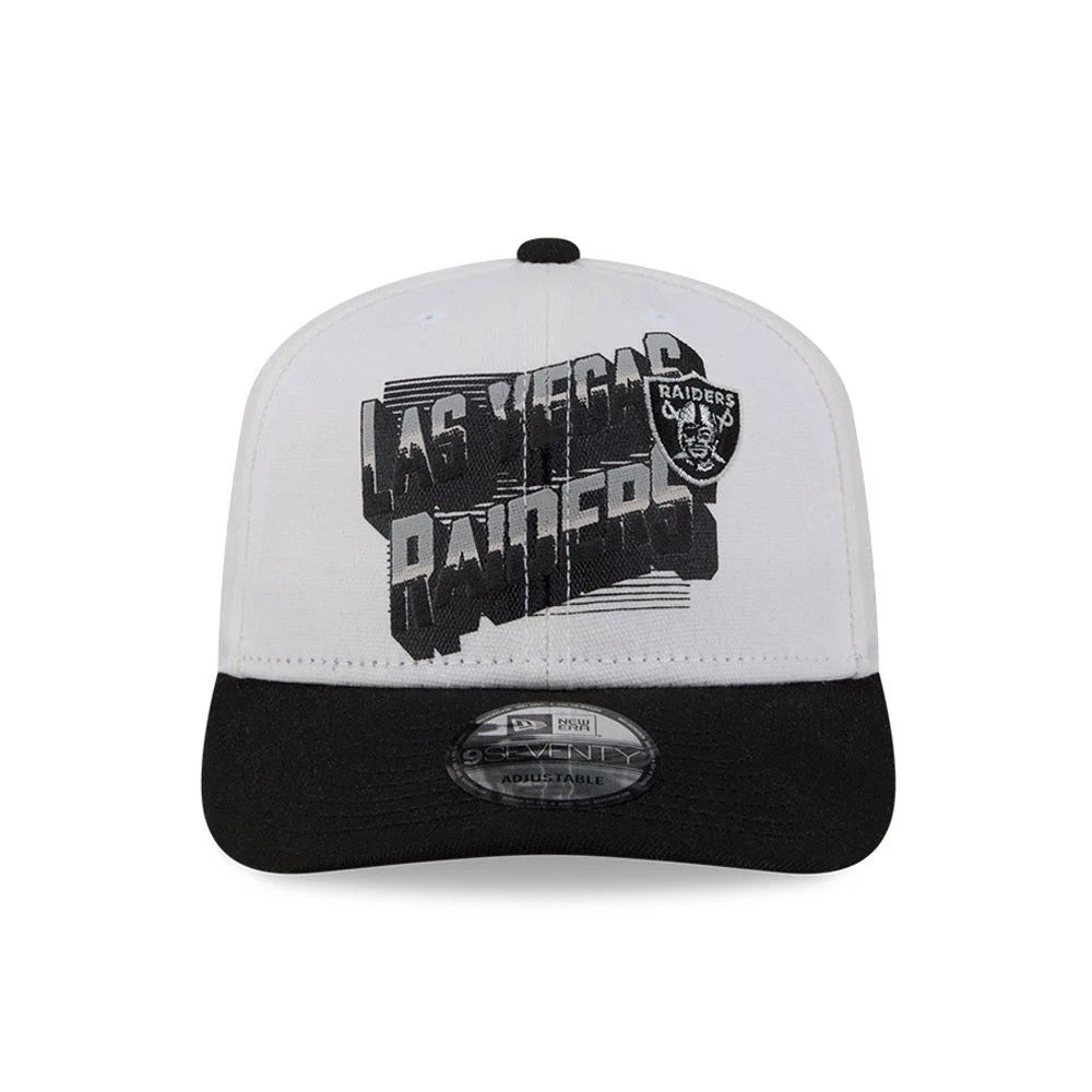 Las Vegas Raiders NFL Duck Cloth White New Era 9SEVENTY Stretch Snap Cap, front view showing the black and white printed team logo across the crown, with an embroidered Raiders shield on the upper right panel.
