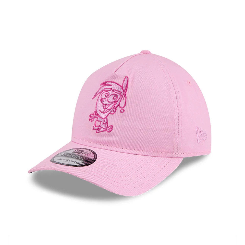 Nickelodeon Fairly Oddparents Pastel Pink New Era 9TWENTY A-Frame Adjustable Cap, three-quarter view showing the pink embroidered character logo on the front panel, a curved pastel pink visor with 9TWENTY size sticker.