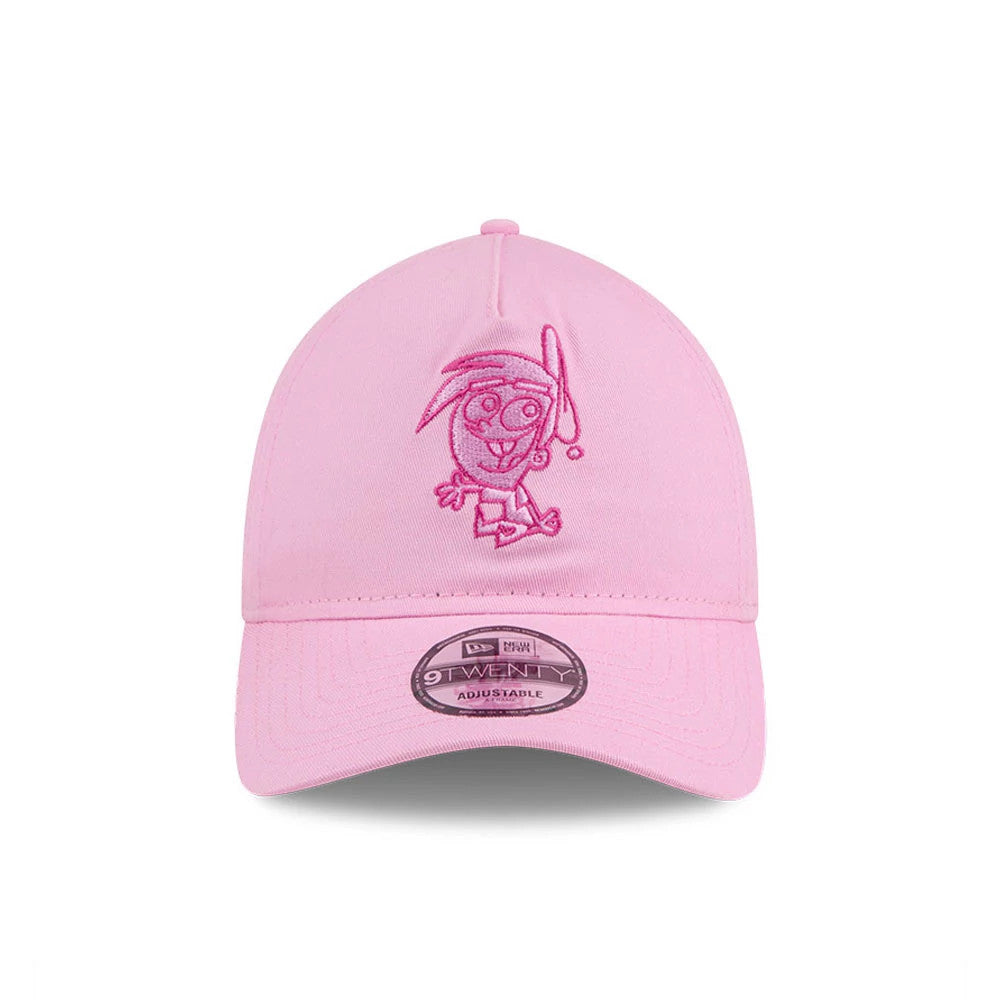 Nickelodeon Fairly Oddparents Pastel Pink New Era 9TWENTY A-Frame Adjustable Cap, front view showing a raised pink embroidered character logo on the front panel, a matching pastel pink curved visor, and a 9TWENTY size sticker on the visor.