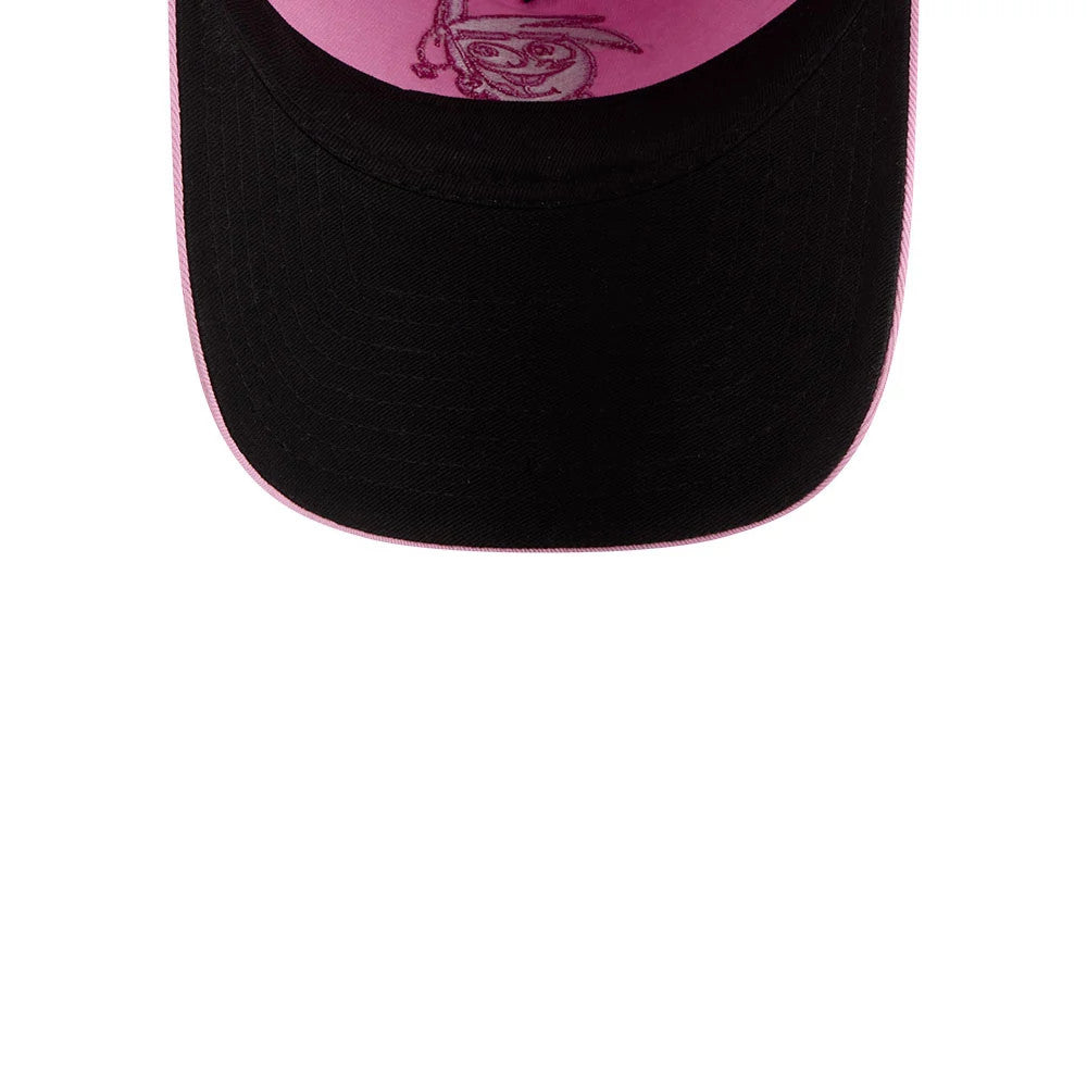 Nickelodeon Fairly Oddparents Pastel Pink New Era 9TWENTY A-Frame Adjustable Cap, top view showing a black curved visor connected to a pastel pink front panel with a character's embroidered outline, contributing to a playful and design.