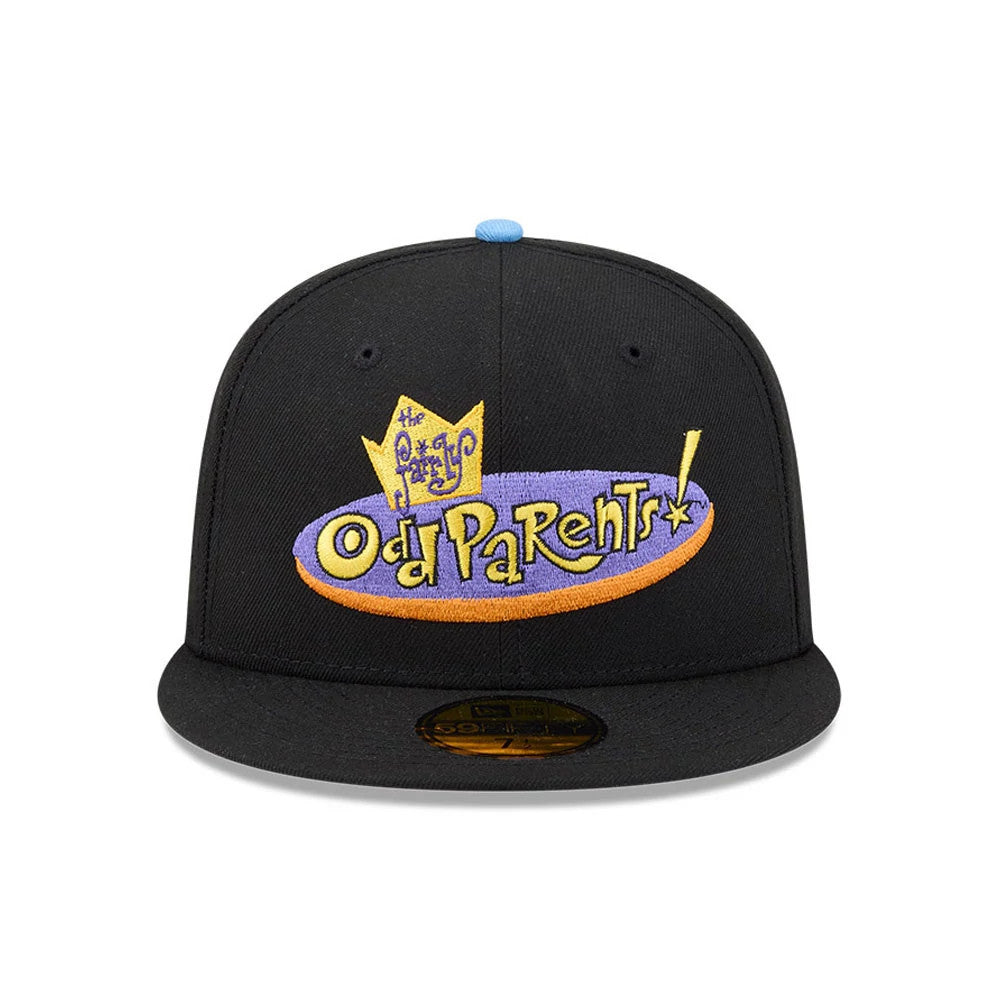 Nickelodeon Fairly Oddparents Jorgen Von Strangle Black New Era 59FIFTY Fitted Cap, front view showing the colourful embroidered Fairly OddParents logo with a purple and orange design on the black front panel.