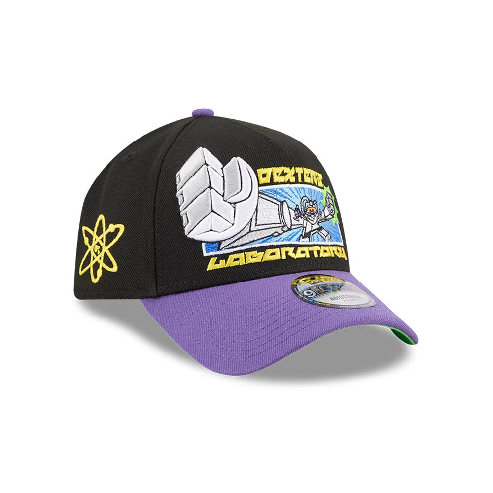 Dexter's Laboratory Dex-Transformer Black New Era 9FORTY A-Frame Cap, three-quarter view showing the embroidered Dex-Transformer graphic on the front panel, a yellow atom logo on the left side, and a purple curved visor with a 9FORTY size sticker.