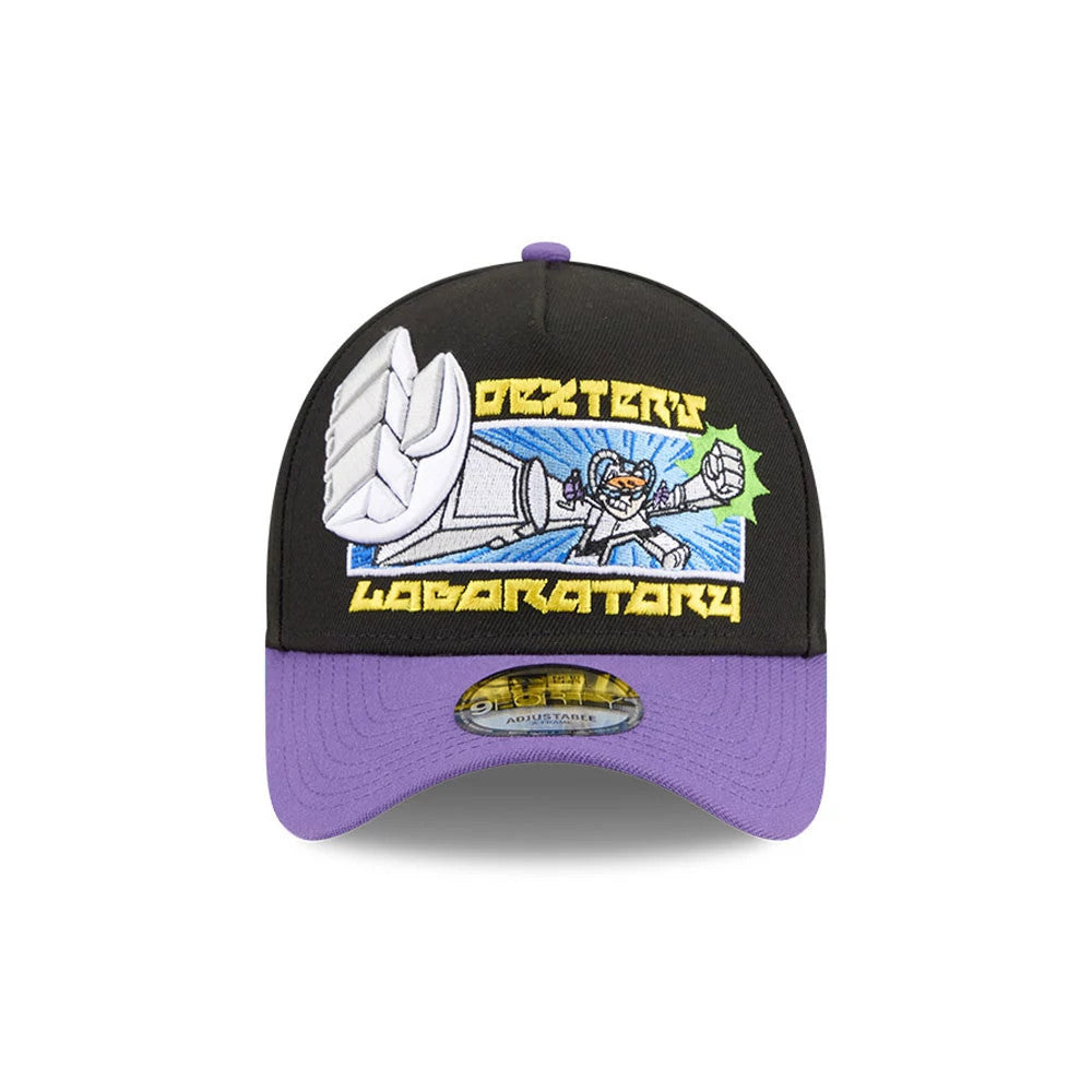 Dexter's Laboratory Dex-Transformer Black New Era 9FORTY A-Frame Cap, front view showing a vivid embroidered graphic of Dexter with text above and below, a cartoon motif on the structured black crown, and a contrasting purple curved visor.