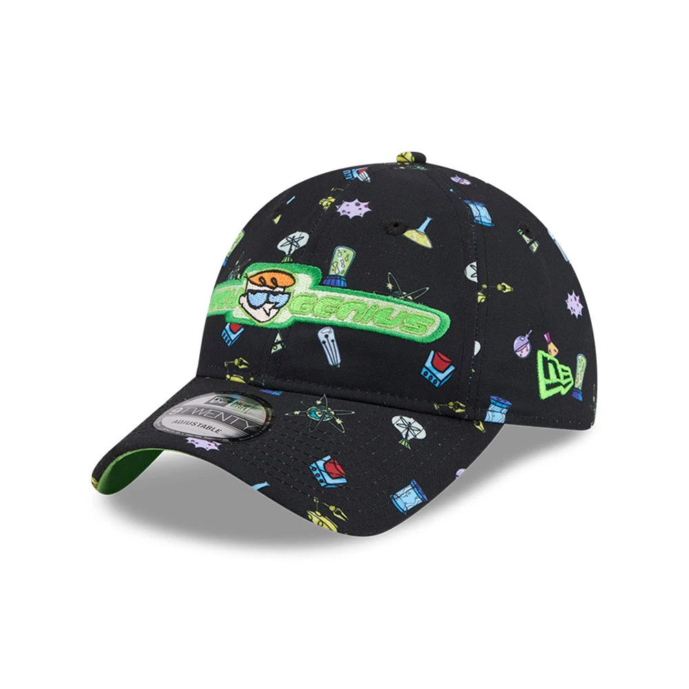 Dexter's Laboratory Boy Genius Black New Era 9TWENTY Adjustable Cap, three-quarter view showing the embroidered Dexter logo with green Genius text on the front panel, all-over science-themed graphics, and a 9TWENTY size sticker on the visor.