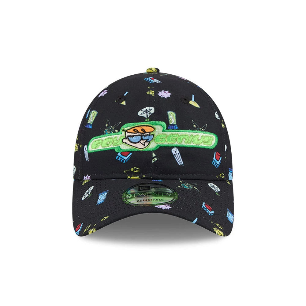 Dexter's Laboratory Boy Genius Black New Era 9TWENTY Adjustable Cap, front view showing the green embroidered Boy Genius logo with Dexter at the centre of the black crown, featuring a colourful all-over science-themed print.
