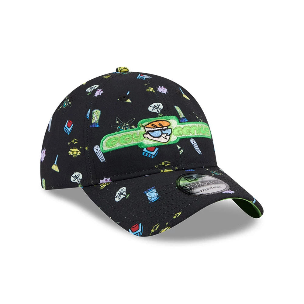 Dexter's Laboratory Boy Genius Black New Era 9TWENTY Adjustable Cap, three-quarter view showing the green embroidered Dexter logo on the front panel, an all-over science-themed print featuring bright colours.