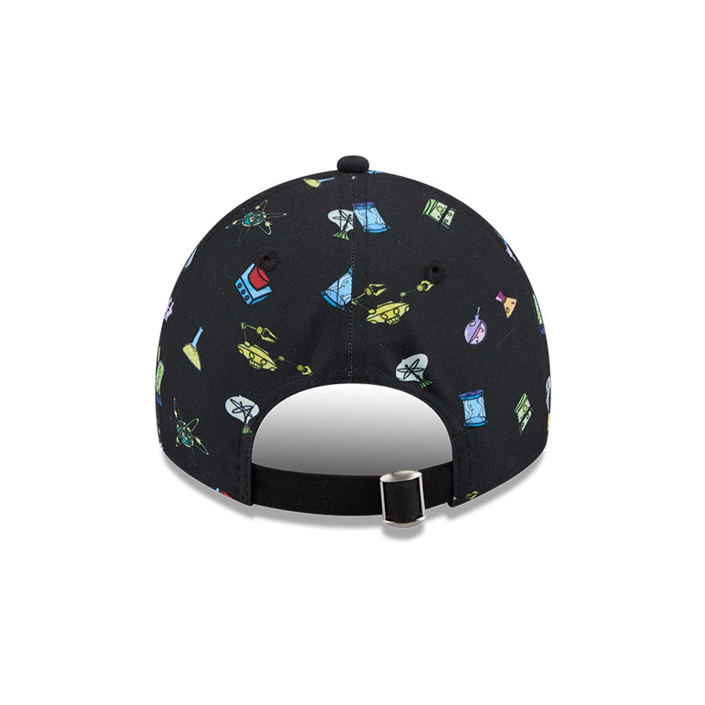 Dexter's Laboratory Boy Genius Black New Era 9TWENTY Adjustable Cap, rear view showing a variety of colourful scientific illustrations over the black fabric, with a buckle on the adjustable strap and the top button and eyelets in matching black.