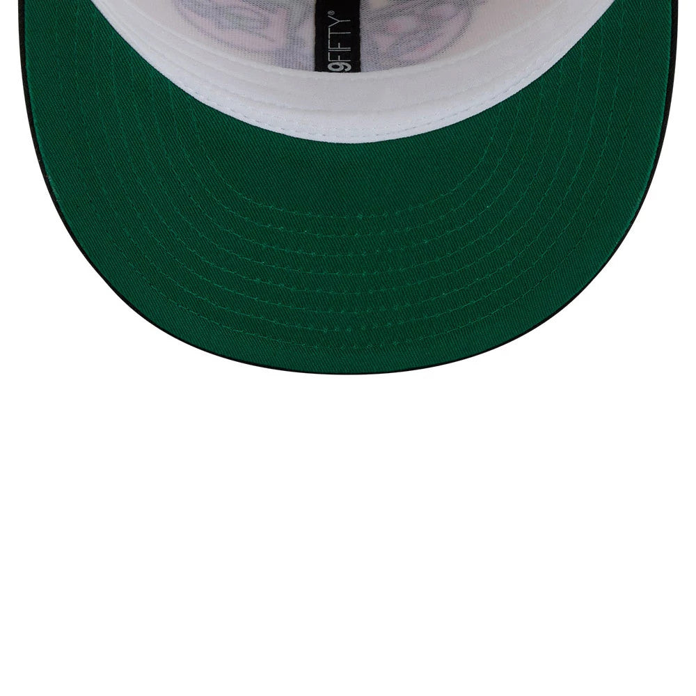 Nickelodeon Fairly Oddparents Is Today Over Yet White New Era 9FIFTY Snapback Cap, inside view showing the green undervisor, white taping with branding details, and a black 9FIFTY sweatband running through the centre of the cap’s interior.