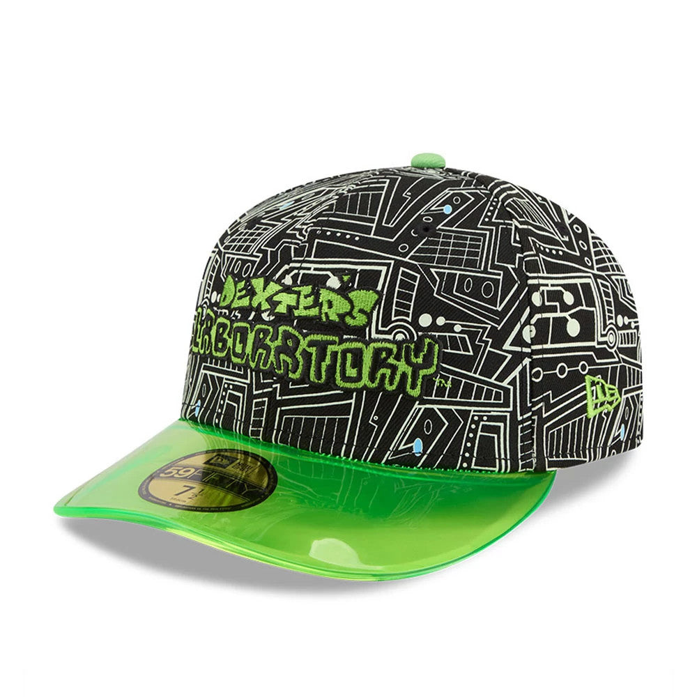 Dexter's Laboratory Black & Neon New Era 59FIFTY Fitted Cap, three-quarter view showing vividly embroidered green Dexter's Laboratory text on a patterned black crown, completed with a neon green translucent visor and a gold 59FIFTY size sticker.