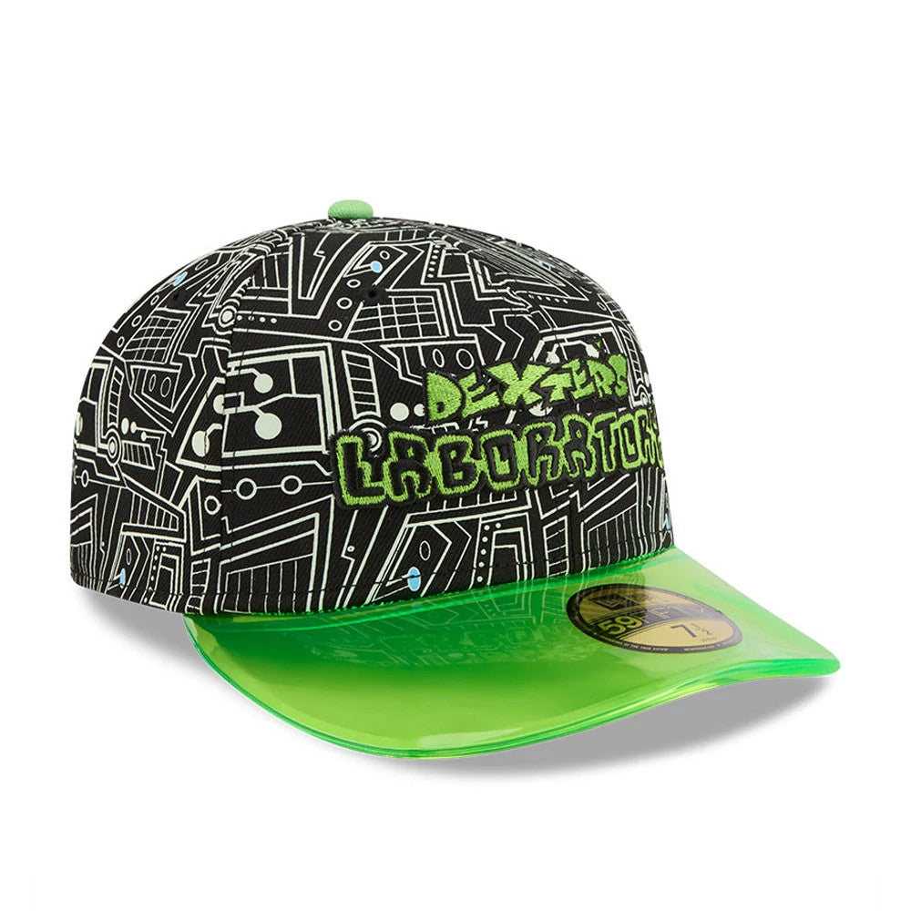 Dexter's Laboratory Black & Neon New Era 59FIFTY Fitted Cap, three-quarter view showing lime green raised embroidery of the Dexter's Laboratory logo on the black panel with circuit pattern, transparent neon green visor and gold 59FIFTY size sticker.