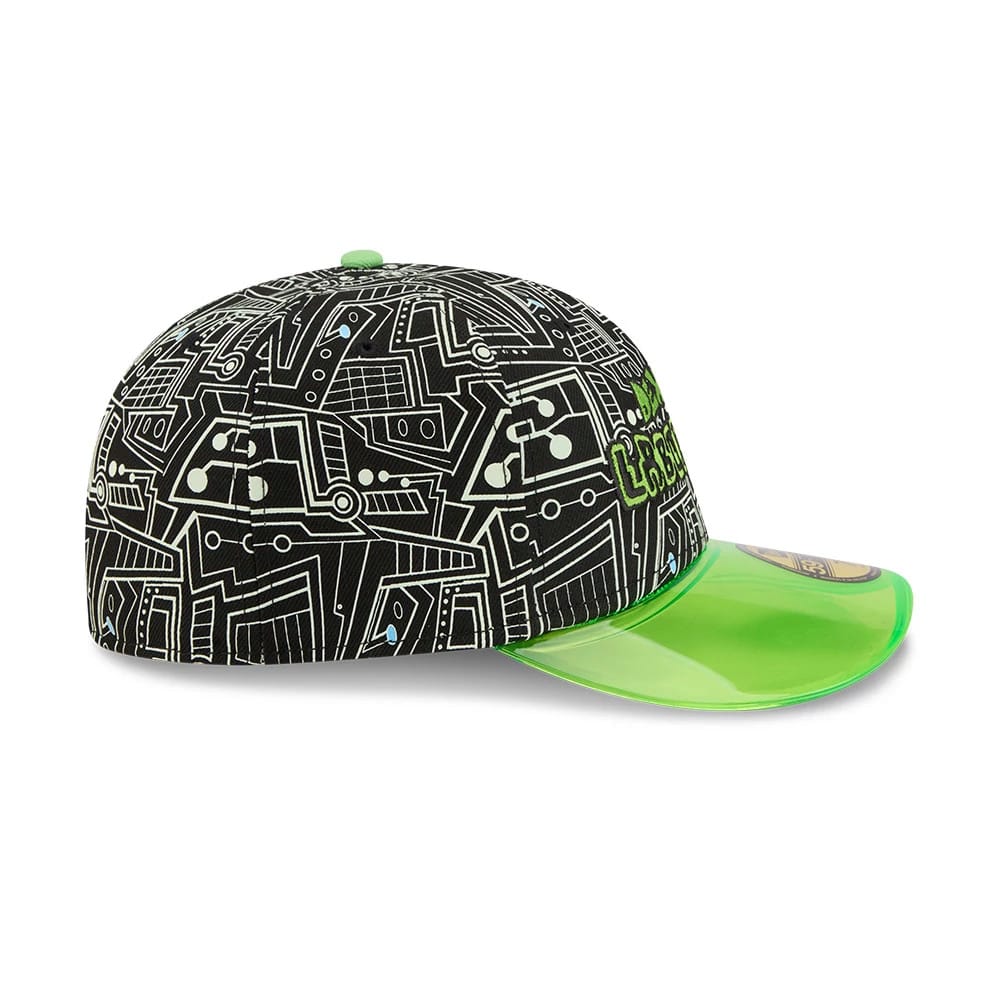 Dexter's Laboratory Black & Neon New Era 59FIFTY Fitted Cap, side view showing a futuristic black geometric pattern across the crown, neon green embroidered Dexter's Lab logo on the front panel, and a neon green curved visor.