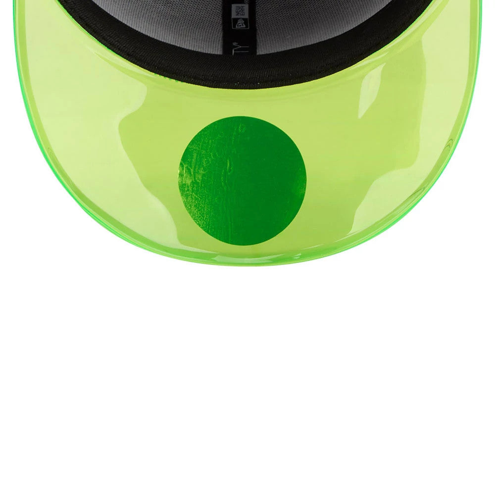 Dexter's Laboratory Black & Neon New Era 59FIFTY Fitted Cap, inside view showcasing a black sweatband, grey interior taping, and a neon green undervisor with a dark green circle graphic in the centre.