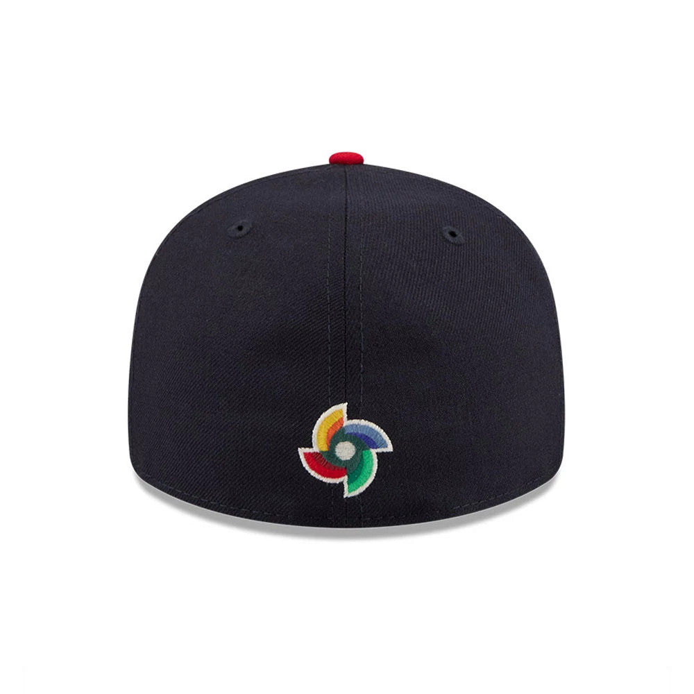WBC Czech Republic Classical Script Navy Retro Crown New Era 59FIFTY Fitted Cap, rear view showing the multicoloured World Baseball Classic logo embroidered at the centre back of the navy crown and a contrasting red top button above.