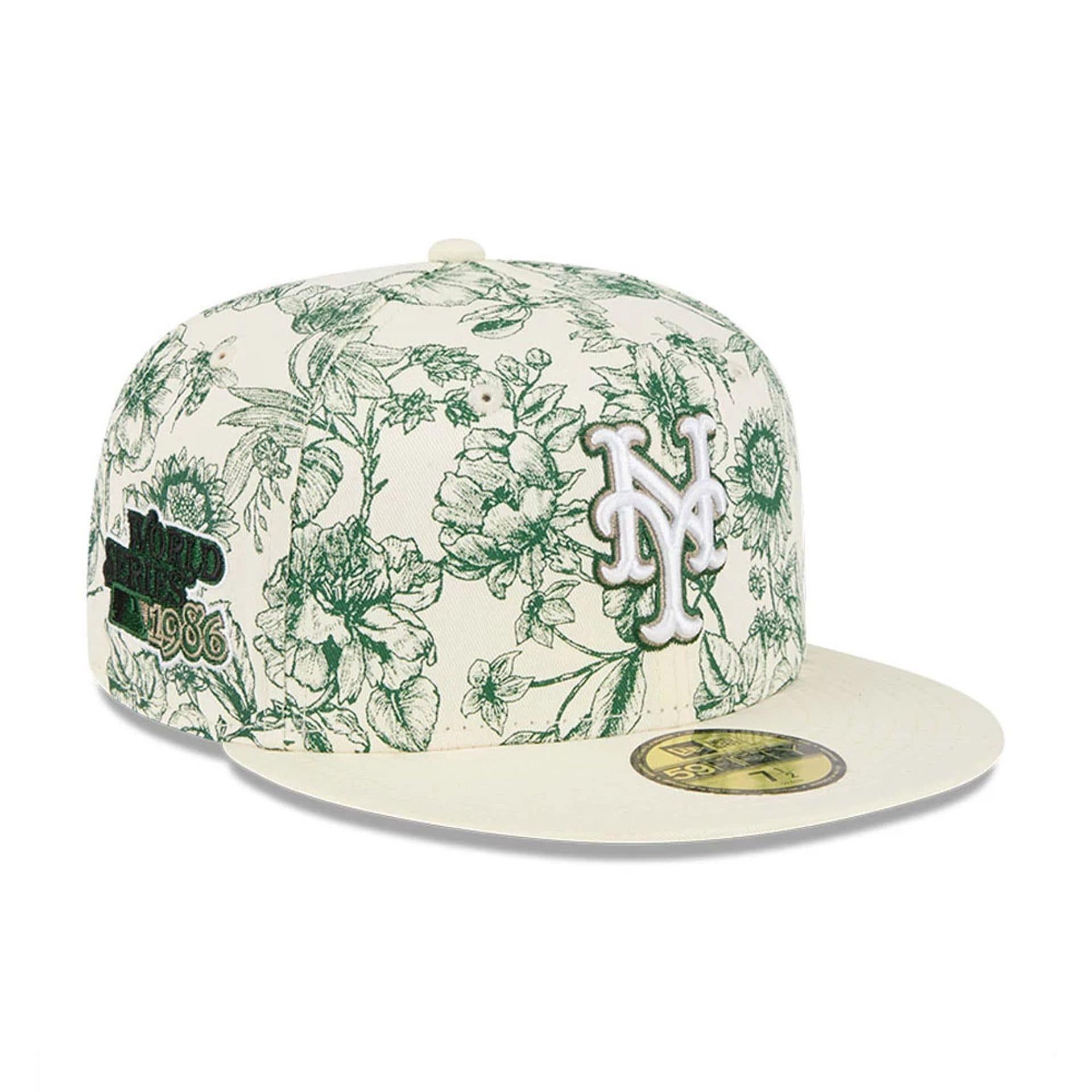 Pictured is this MLB Spring Floral New York Mets 59FIFTY Fitted cap in white. 1