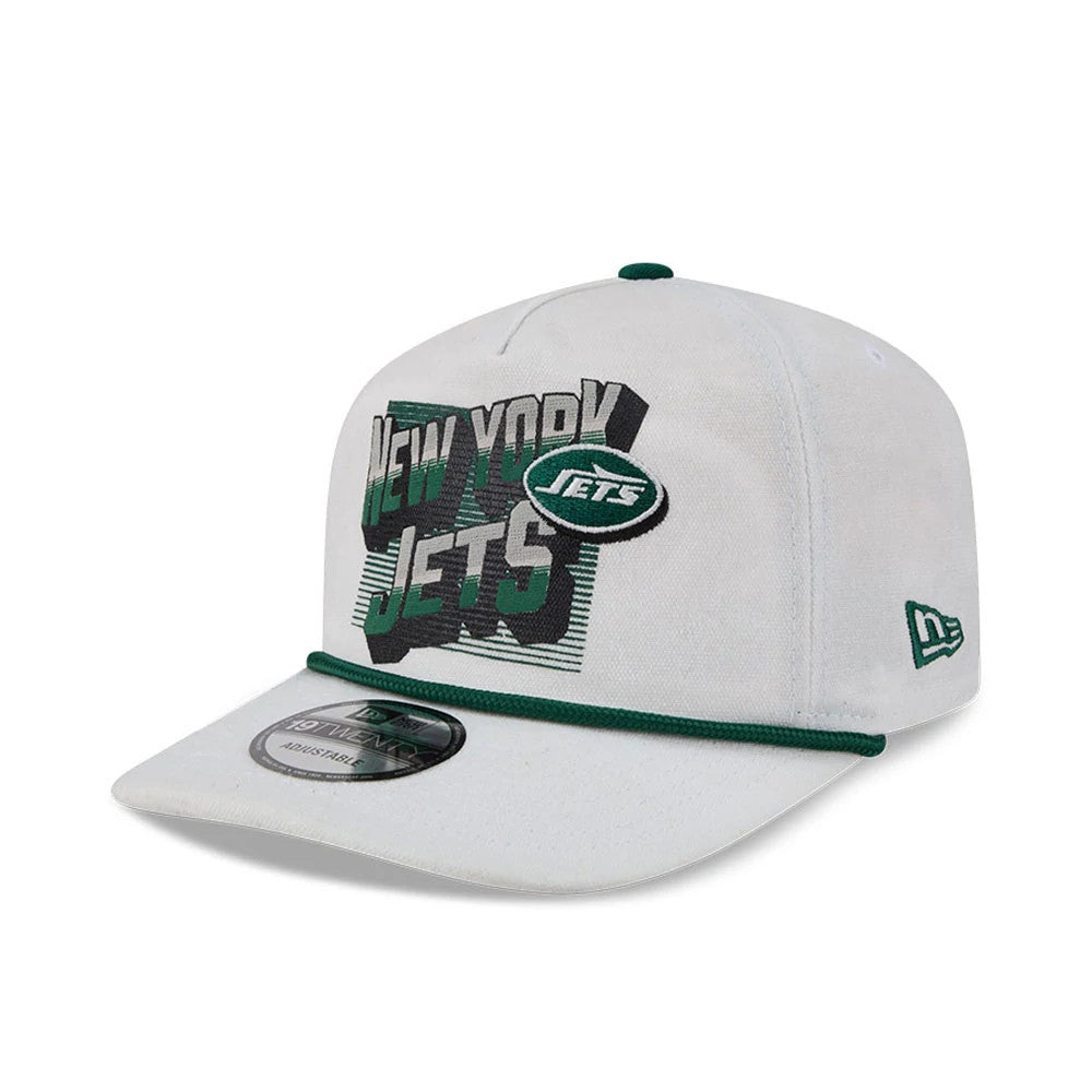 New York Jets NFL Duck Cloth White New Era 19TWENTY Adjustable Cap, three-quarter view showing the raised green and black embroidered New York Jets logo on the front panel, dark green braided cord above the visor.