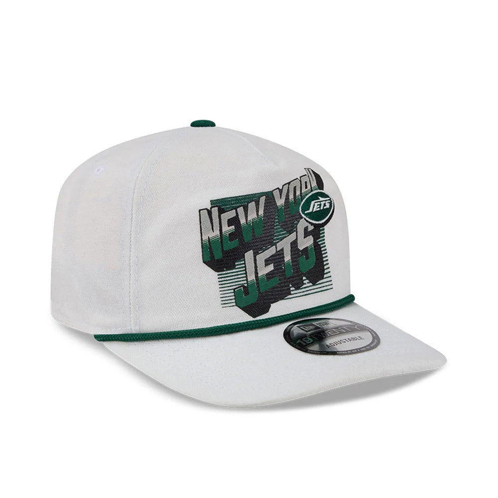 New York Jets NFL Duck Cloth White New Era 19TWENTY Adjustable Cap, three-quarter view showing raised embroidered New York Jets text on the front panels with a team logo, green top button.