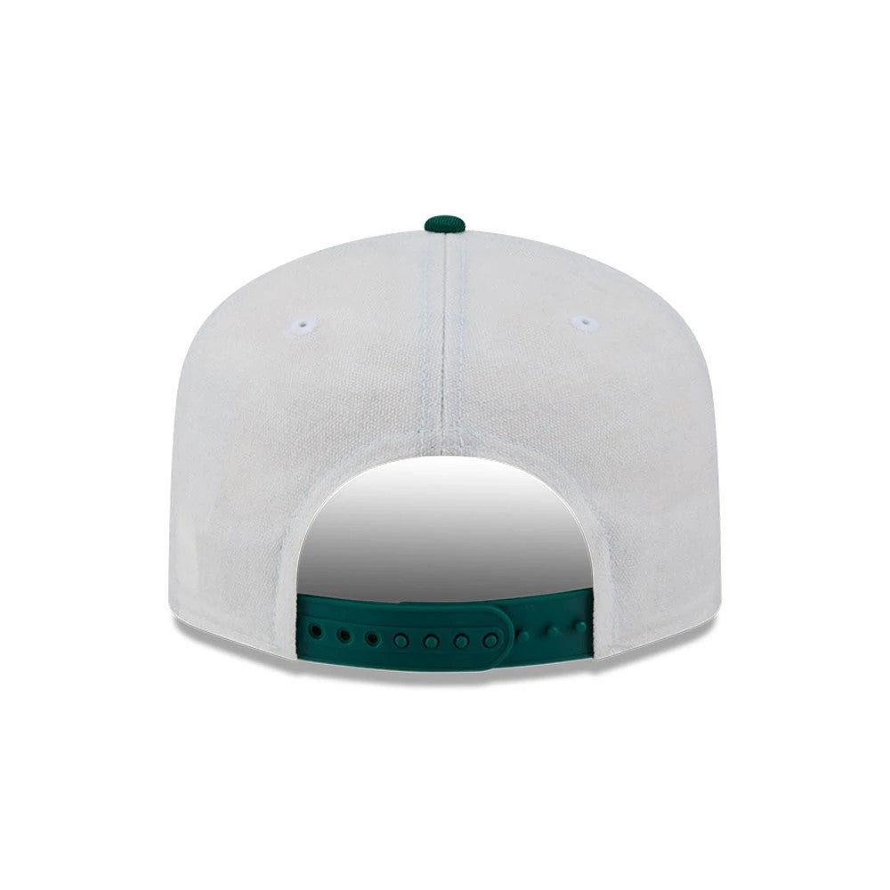 New York Jets NFL Duck Cloth White New Era 19TWENTY Adjustable Cap, rear view showing a structured white crown with white eyelets and a green top button, featuring a dark green adjustable strap at the back.