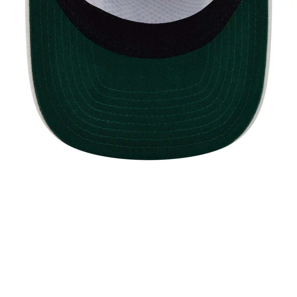 New York Jets NFL Duck Cloth White New Era 19TWENTY Adjustable Cap, inside view showing the dark green undervisor with detailed stitching, a black sweatband, and a white internal panel for enhanced structure.