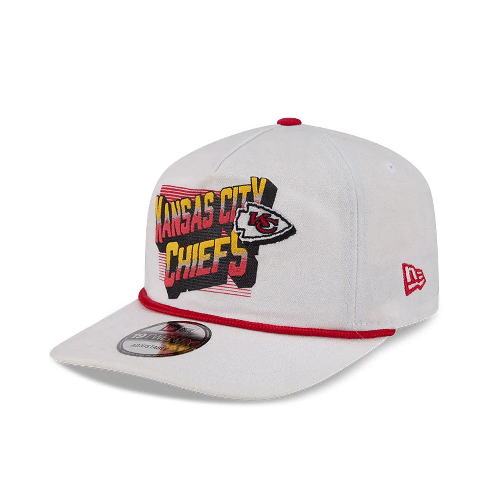 Kansas City Chiefs NFL Duck Cloth White New Era 19TWENTY Adjustable Cap, three-quarter view showing the raised embroidered team logo on the front panel, red New Era flag logo on the left side, and round 19TWENTY size sticker on the curved visor.
