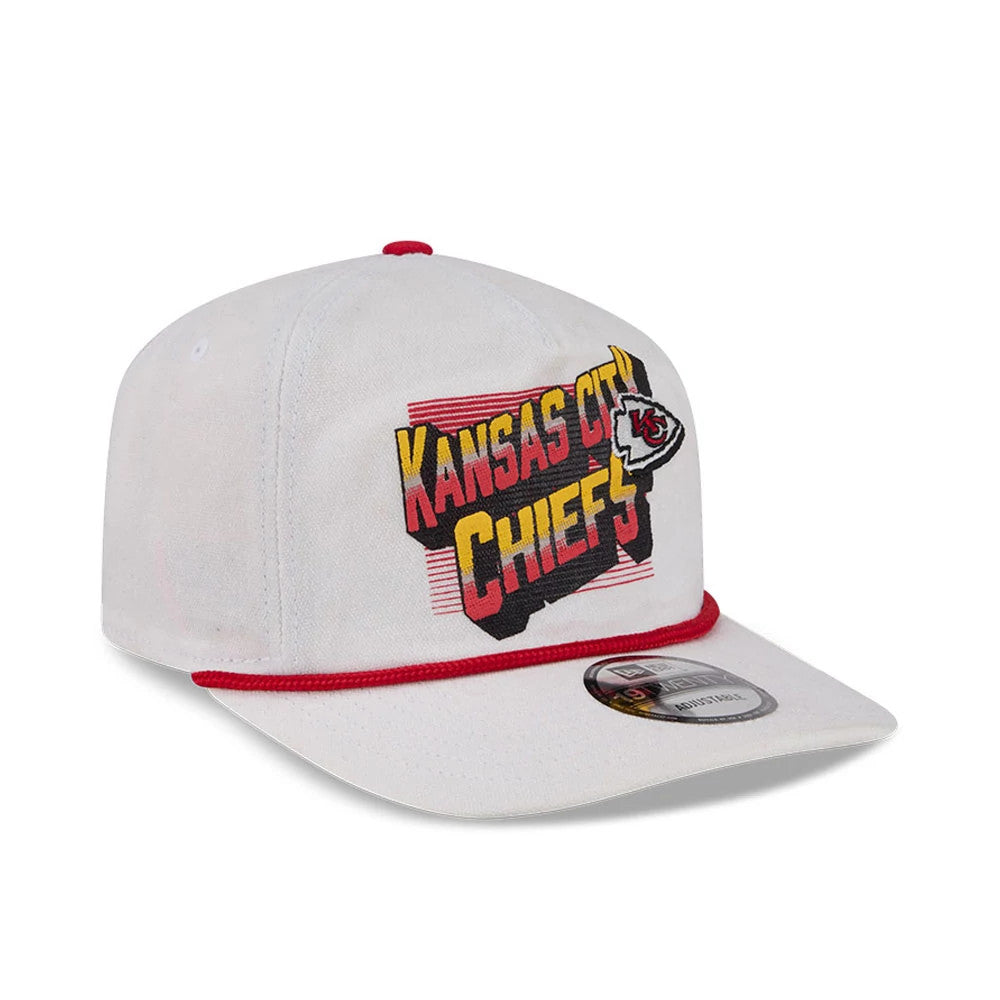 Kansas City Chiefs NFL Duck Cloth White New Era 19TWENTY Adjustable Cap, three-quarter view showing the embroidered Kansas City Chiefs graphic in red, yellow, and black on the front panel, with a white visor featuring a 19TWENTY size sticker.