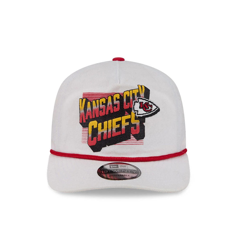 Kansas City Chiefs NFL Duck Cloth White New Era 19TWENTY Adjustable Cap, front view showing the yellow and red embroidered Kansas City Chiefs graphic on the white crown, a red piped edging along the visor, and the New Era 19TWENTY size sticker.