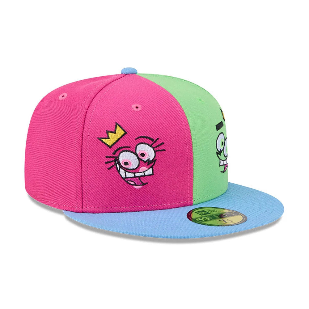 Nickelodeon Fairly Oddparents Multi New Era 59FIFTY Fitted Cap, three-quarter view showing Cosmo and Wanda embroidered on the pink and green panels, with a light blue visor, pink top button, and gold 59FIFTY size sticker on the visor.