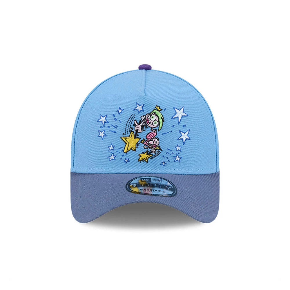 Nickelodeon Fairly Oddparents Pastel Blue New Era 9FORTY A-Frame Adjustable Cap, front view showing colourful embroidered character graphics with stars on the front panel, lilac visor with a 9FORTY size sticker, and a purple top button.
