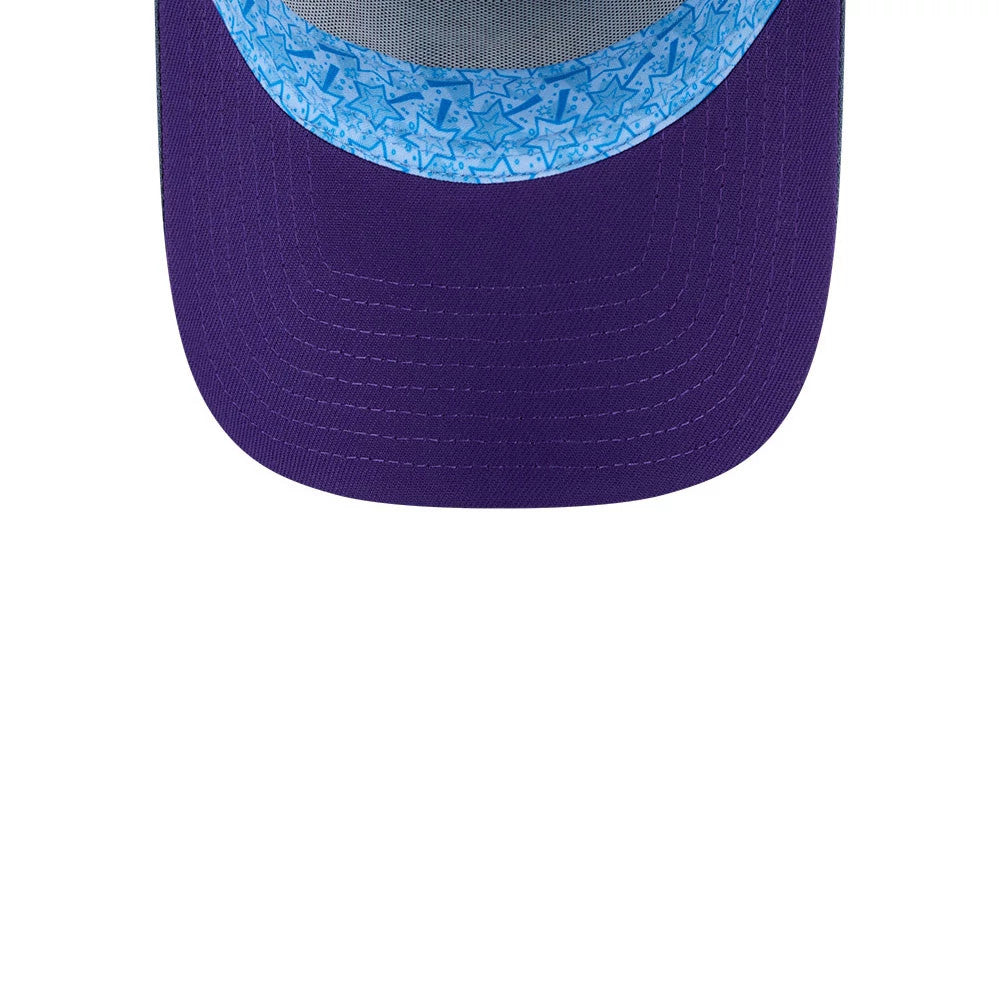 Nickelodeon Fairly Oddparents Pastel Blue New Era 9FORTY A-Frame Adjustable Cap, inside view showing the blue star-patterned taping around the opening, a grey sweatband, and a purple undervisor with stitching lines.