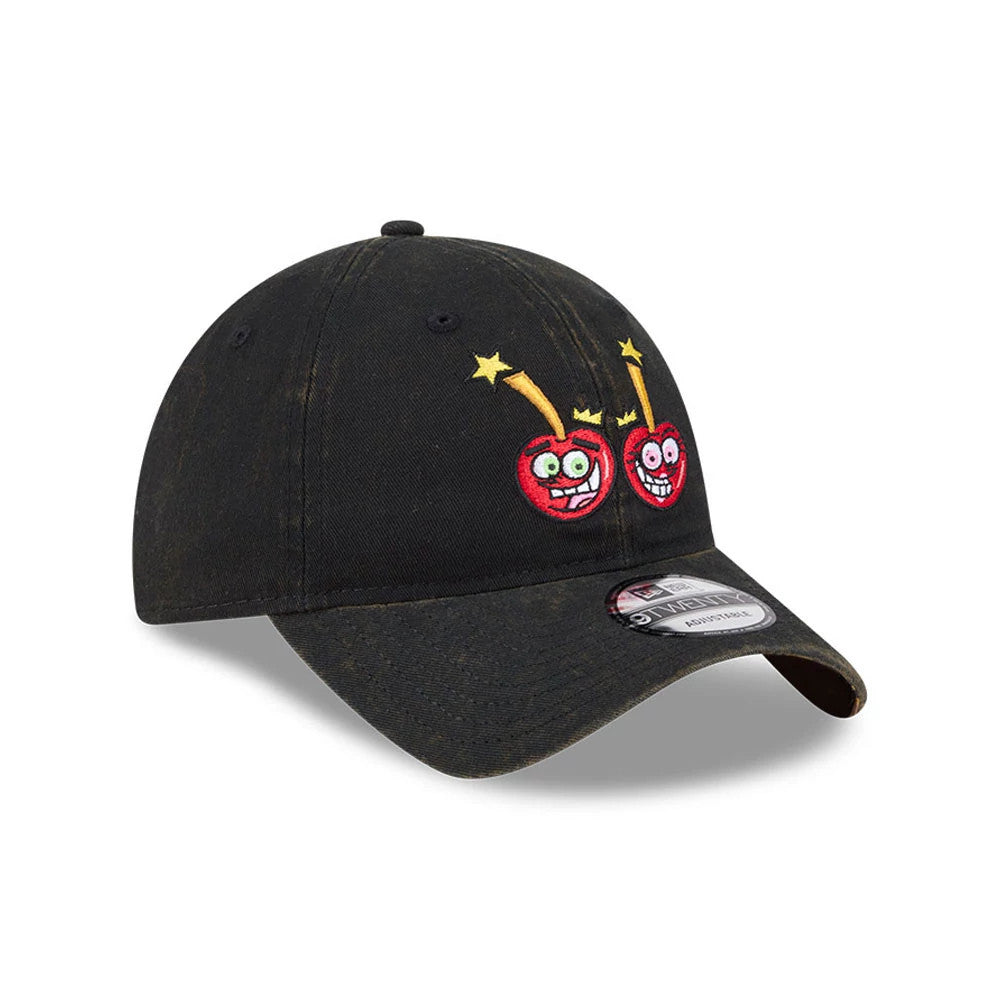 Nickelodeon Fairly Oddparents Acid Wash Black New Era 9TWENTY Adjustable Cap, three-quarter view showing two embroidered cartoon characters with wands on the front panel, a curved visor with a 9TWENTY size sticker, and a acid wash effect.