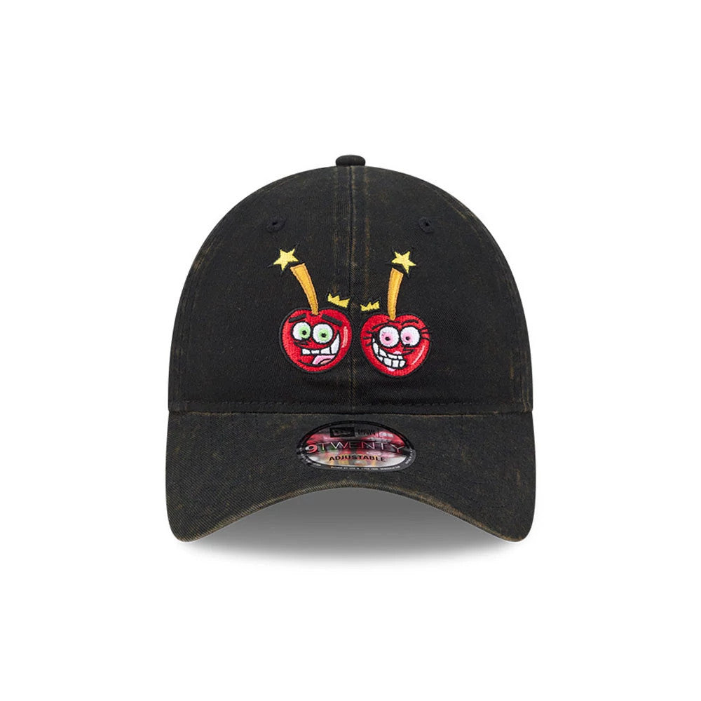 Nickelodeon Fairly Oddparents Acid Wash Black New Era 9TWENTY Adjustable Cap, front view showing embroidered red cherry characters with expressive faces and yellow stars on the black crown, with a curved visor and 9TWENTY size sticker.