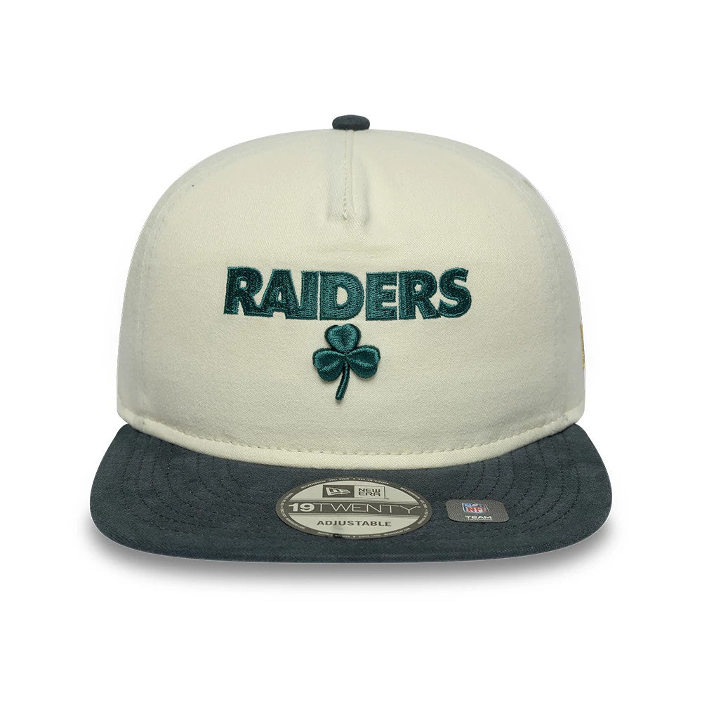 Las Vegas Raiders NFL Metallic Logo Cream New Era 19TWENTY Adjustable Cap, front view showing raised green embroidered Raiders lettering and shamrock on the cream crown, with a dark visor and an official 19TWENTY size sticker.