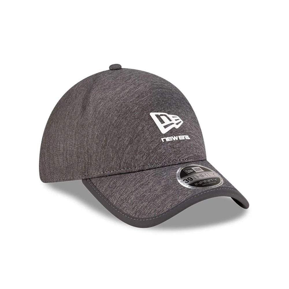 New Era Dark Grey 39THIRTY Infinity Stretch Fit Cap, three-quarter view showing the white raised embroidered New Era flag logo on the dark grey front panel, with a curved dark grey visor and a 39THIRTY size sticker on the top.