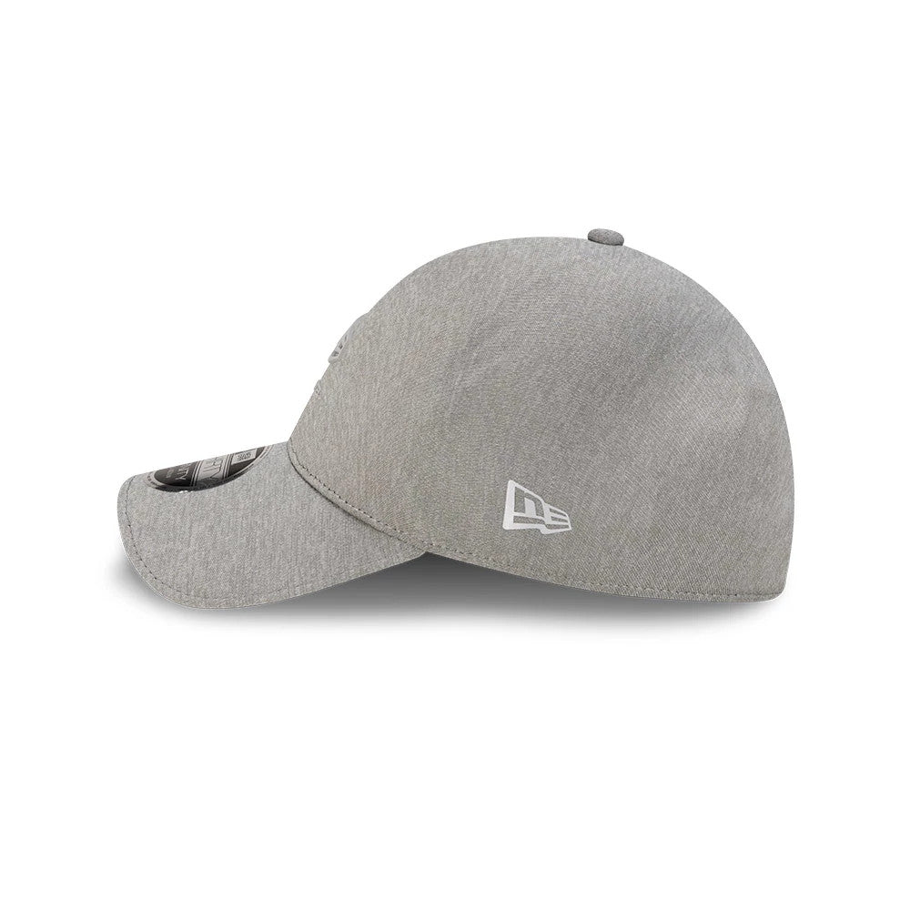 New Era Grey 39THIRTY Infinity Stretch Fit Cap, side view showing a white embroidered New Era flag logo on the left side, a curved grey visor with a 39THIRTY size sticker, and a structured grey crown.