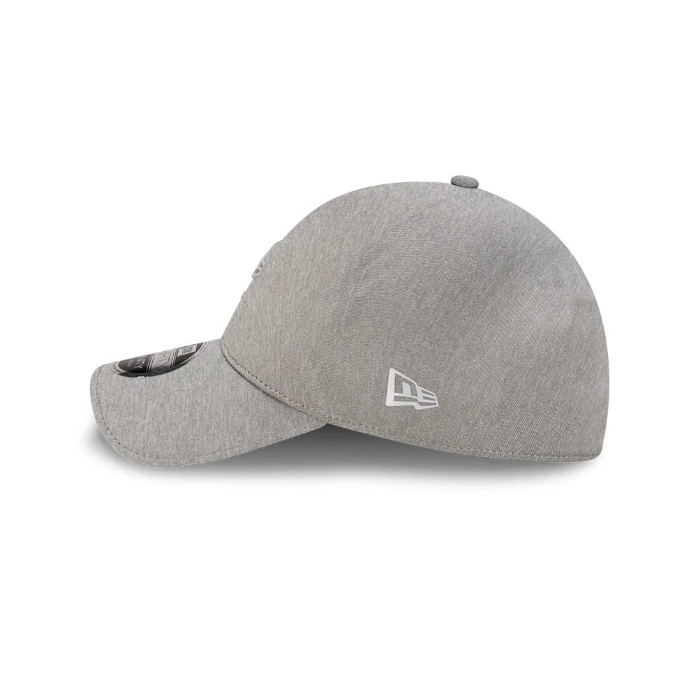 New Era Grey 39THIRTY Infinity Stretch Fit Cap, side view showing a white embroidered New Era flag logo on the left side, a curved grey visor with a 39THIRTY size sticker, and a structured grey crown.