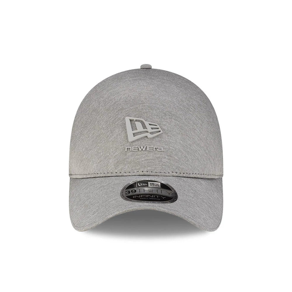 New Era Grey 39THIRTY Infinity Stretch Fit Cap, front view showing a light grey New Era flag logo above the curved visor with a 39THIRTY size sticker, set against a smoothly contoured grey crown.