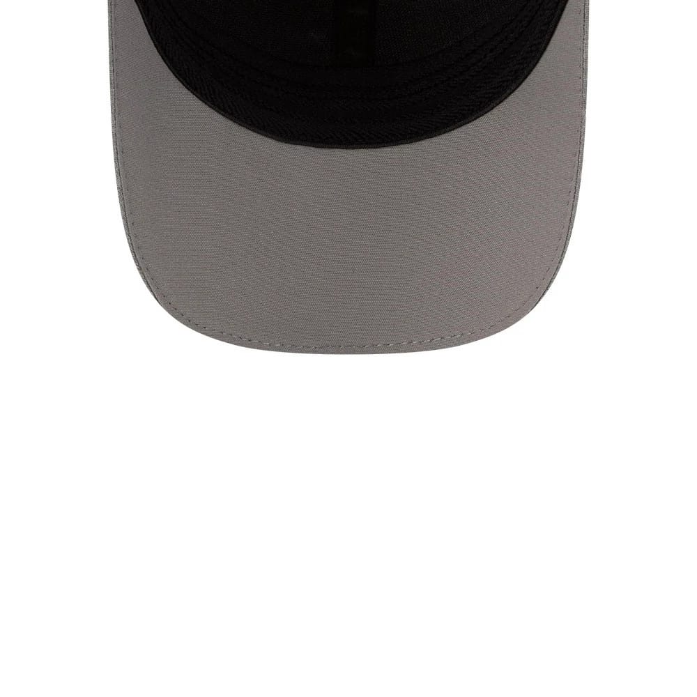 New Era Grey 39THIRTY Infinity Stretch Fit Cap, top view highlighting the grey curved visor, detailed edge stitching, and black interior crown, showcasing the seamless blend of form and function.