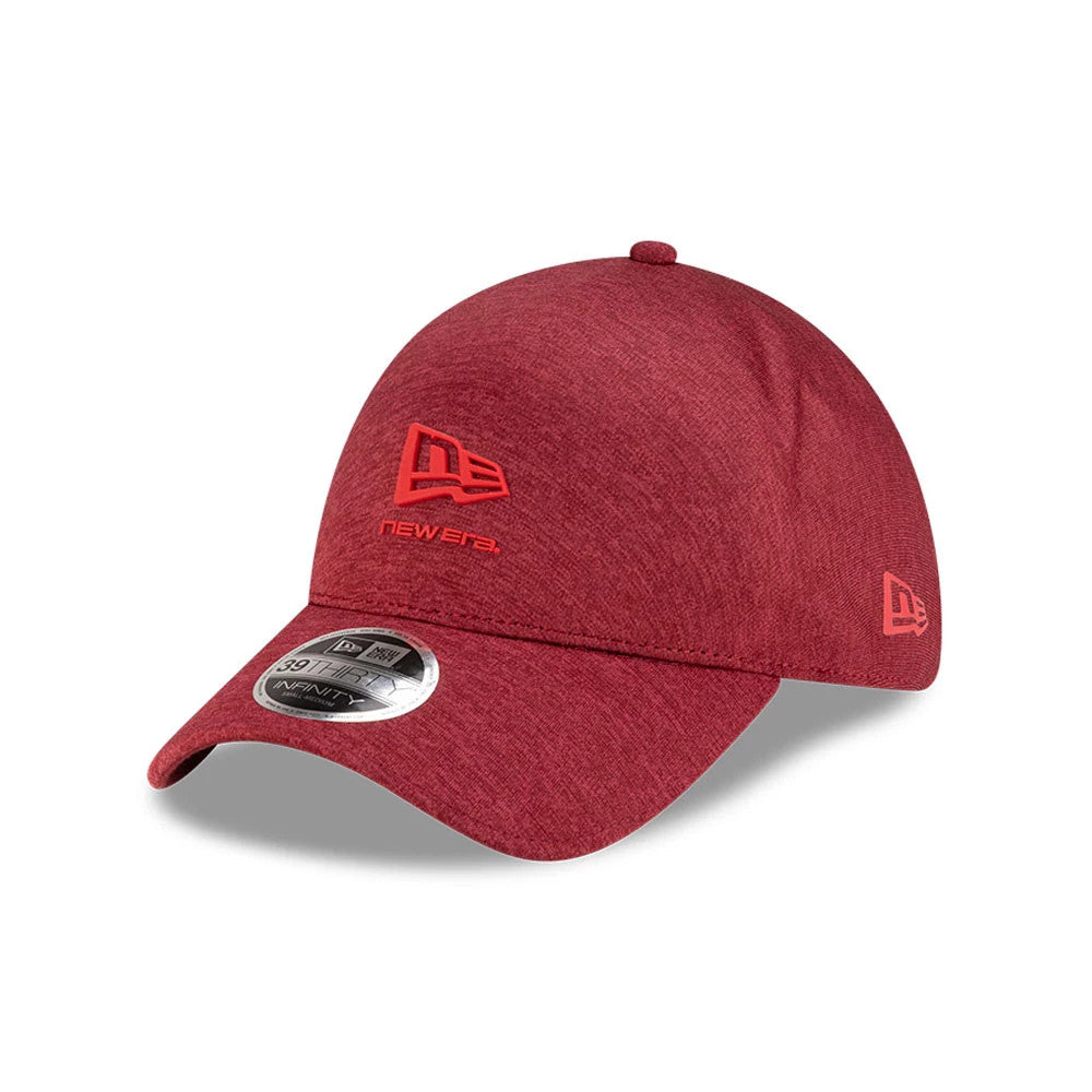 New Era Dark Red 39THIRTY Infinity Stretch Fit Cap, three-quarter view showing the red embroidered New Era logo on the front panel, complemented by a matching red New Era flag logo on the left side and a 39THIRTY size sticker on the visor.