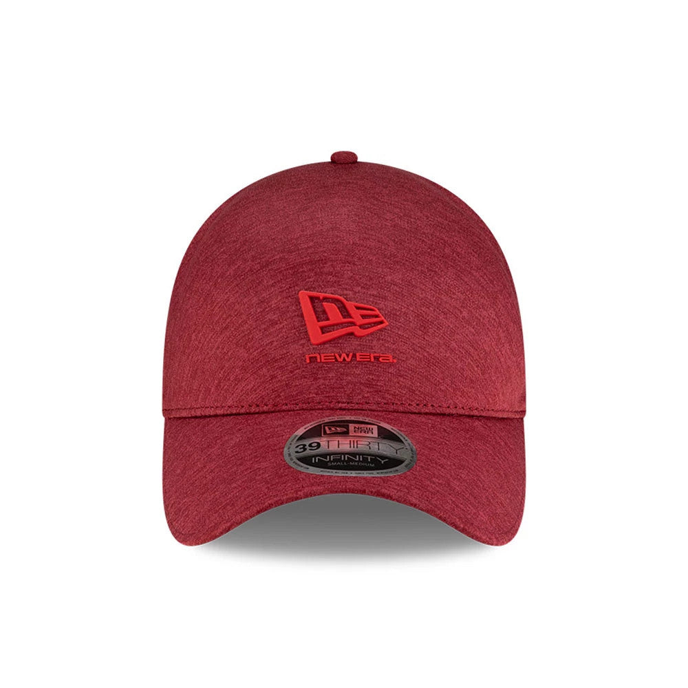 New Era Dark Red 39THIRTY Infinity Stretch Fit Cap, front view showing the raised embroidered New Era logo in red on the front panel, featuring a slightly curved visor with a 39THIRTY size sticker centred on the visor.