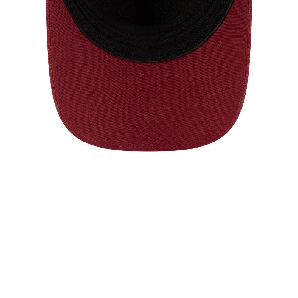 New Era Dark Red 39THIRTY Infinity Stretch Fit Cap, top view showing a dark red curved visor, black stitching along the curved edge, and a contrasting black undervisor revealing part of the inside crown.